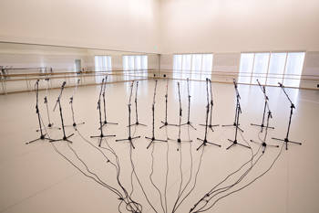 A photo showing a ballet hall in which many microphones have been set up